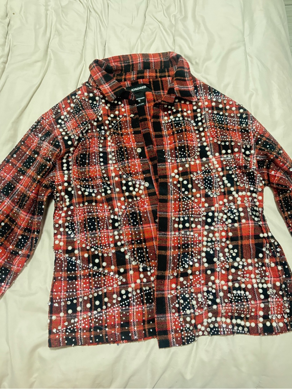 Kindred Red Plaid Button-Down Shirt Jacket with Pearl Embellishments
